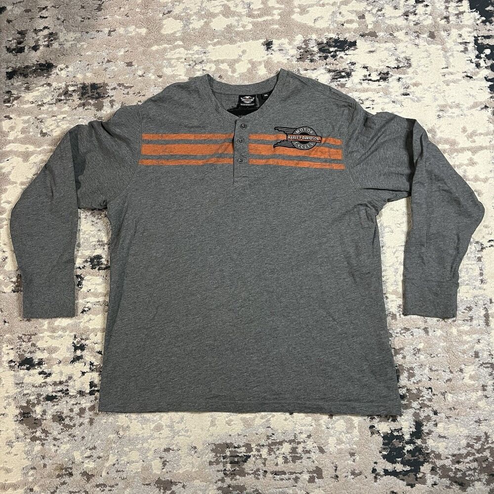 Harley Davidson Henley Shirt Sx 2XL Gray Long Sleeve Biker Motorcycle Pullover
